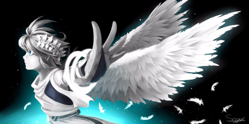 1boy angel angel_wings armband armlet blue_eyes feathered_wings feathers from_side greyscale highres kid_icarus kid_icarus_uprising laurel_crown male_focus monochrome outstretched_arm pit_(kid_icarus) scarvii signature solo spot_color upper_body wings