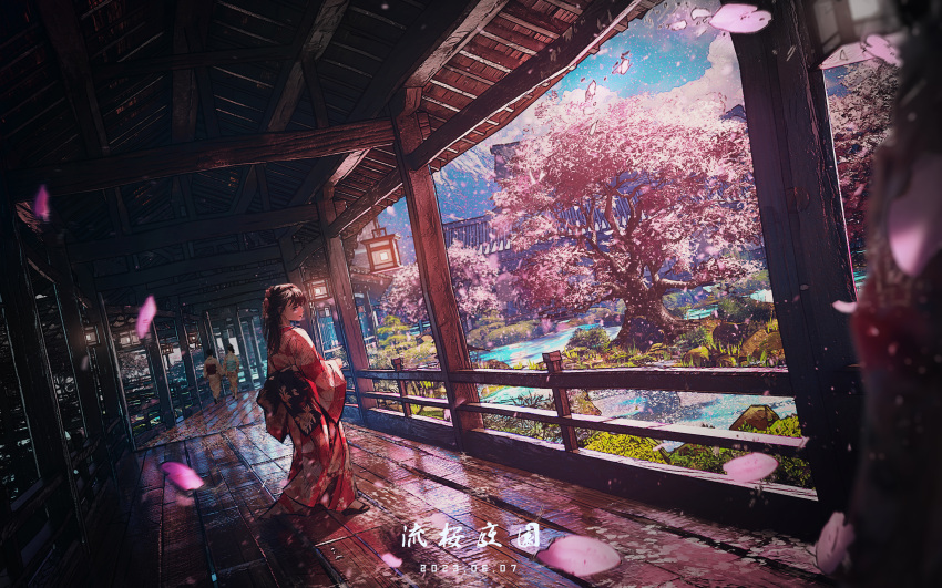 3girls absurdres architecture black_hair blurry cherry_blossoms cherry_tree clouds commentary_request dated depth_of_field east_asian_architecture fantasy garden grass highres japan japanese_clothes kimono lantern long_hair mountain multiple_girls original plant pond print_kimono railing red_kimono rei_(lappy_mofumofu) scenery standing wooden_floor