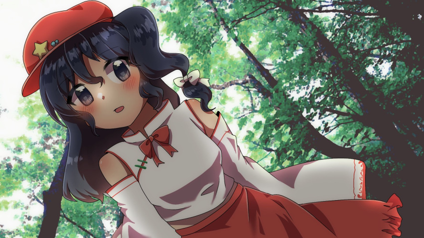 1girl bare_shoulders blue_eyes blue_hair blush breasts cabbie_hat cross detached_sleeves flat_cap forest frilled_hat frilled_skirt frills hat hat_ornament highres holding holding_cross label_girl_(dipp) mandarin_collar medium_breasts nature open_mouth outdoors red_headwear red_skirt s_sya_rin shirt side_ponytail skirt sleeveless sleeveless_shirt solo star_(symbol) star_hat_ornament touhou vest white_shirt white_sleeves white_vest