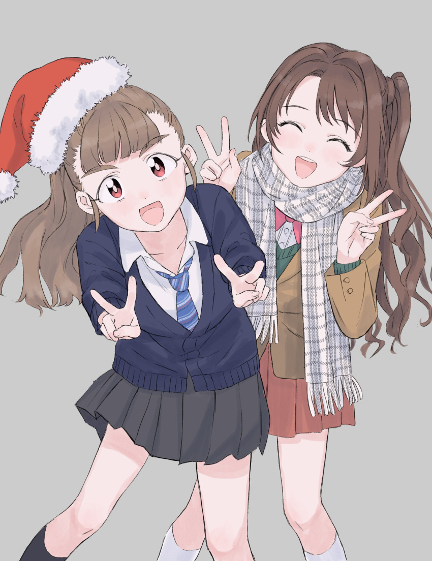 2girls :d ^_^ absurdres black_socks blue_necktie blunt_bangs blush bow bowtie breasts brown_hair brown_jacket cardigan closed_eyes collarbone dot_nose double_v green_sweater grey_background grey_skirt hair_bow hands_up hat highres idolmaster idolmaster_cinderella_girls idolmaster_cinderella_girls_starlight_stage jacket kamiya_nao leaning_forward long_hair long_sleeves looking_at_viewer medium_breasts multiple_girls necktie one_side_up open_mouth pink_bow pink_bowtie pink_skirt plaid plaid_scarf pleated_skirt purple_cardigan red_eyes santa_hat scarf school_uniform shikariyo shimamura_uzuki shirt simple_background skirt smile socks standing striped_necktie sweater teeth thick_eyebrows upper_teeth_only v white_scarf white_shirt white_socks
