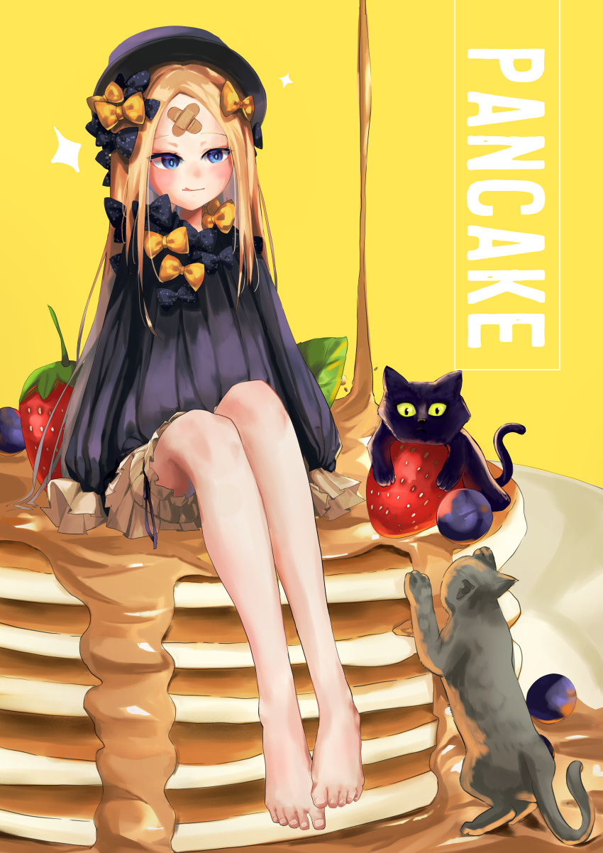 1girl abigail_williams_(fate) absurdres bandaid bandaid_on_face bandaid_on_forehead bare_legs barefoot black_cat blonde_hair bloomers blue_eyes blueberry cat english_text fate/grand_order fate_(series) feet food fruit hat highres legs oversized_food pancake pancake_stack simple_background sitting strawberry syrup tllky underwear yellow_background