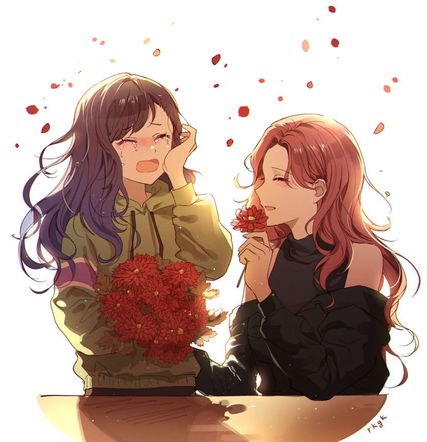 2girls absurdres asymmetrical_bangs bare_shoulders black_jacket blush bouquet brown_hair closed_eyes commentary_request crying flower green_hoodie highres holding holding_bouquet hood hoodie jacket kotaki_nagi long_hair long_sleeves mop_6_6 multiple_girls nose_blush off_shoulder open_mouth petals project_sekai redhead shiraishi_an simple_background smile tears white_background wiping_tears yuri