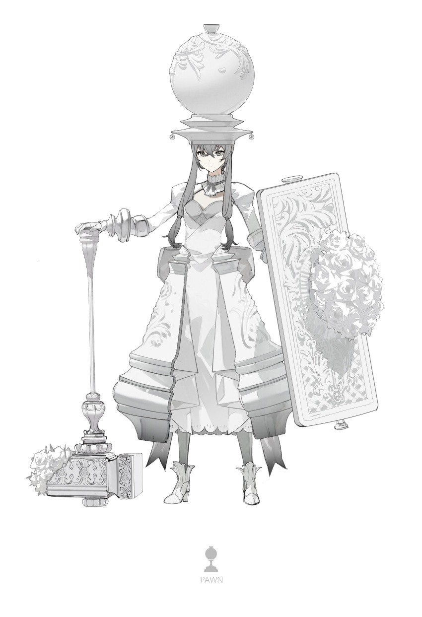 1girl absurdres bouquet chess_piece closed_mouth clothing_cutout collar detached_collar detached_sleeves dress elbow_gloves english_text flower frilled_collar frills gloves grey_hair grey_pantyhose grey_shirt hammer highres holding holding_hammer holding_shield juliet_sleeves kieed long_sleeves looking_at_viewer low_tied_sidelocks original pantyhose pawn_(chess) puffy_sleeves rose shield shirt short_hair_with_long_locks white_background white_dress white_flower white_gloves white_headwear white_rose white_theme