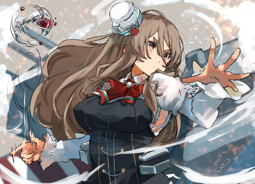 1girl alcohol bodice breasts brown_eyes cannon corset cup drinking_glass grey_hair hair_between_eyes hat highres kantai_collection large_breasts long_hair long_sleeves mini_hat pola_(kancolle) rigging shirt signature solo sunday_aki thick_eyebrows tilted_headwear turret upper_body wavy_hair white_shirt wine wine_glass