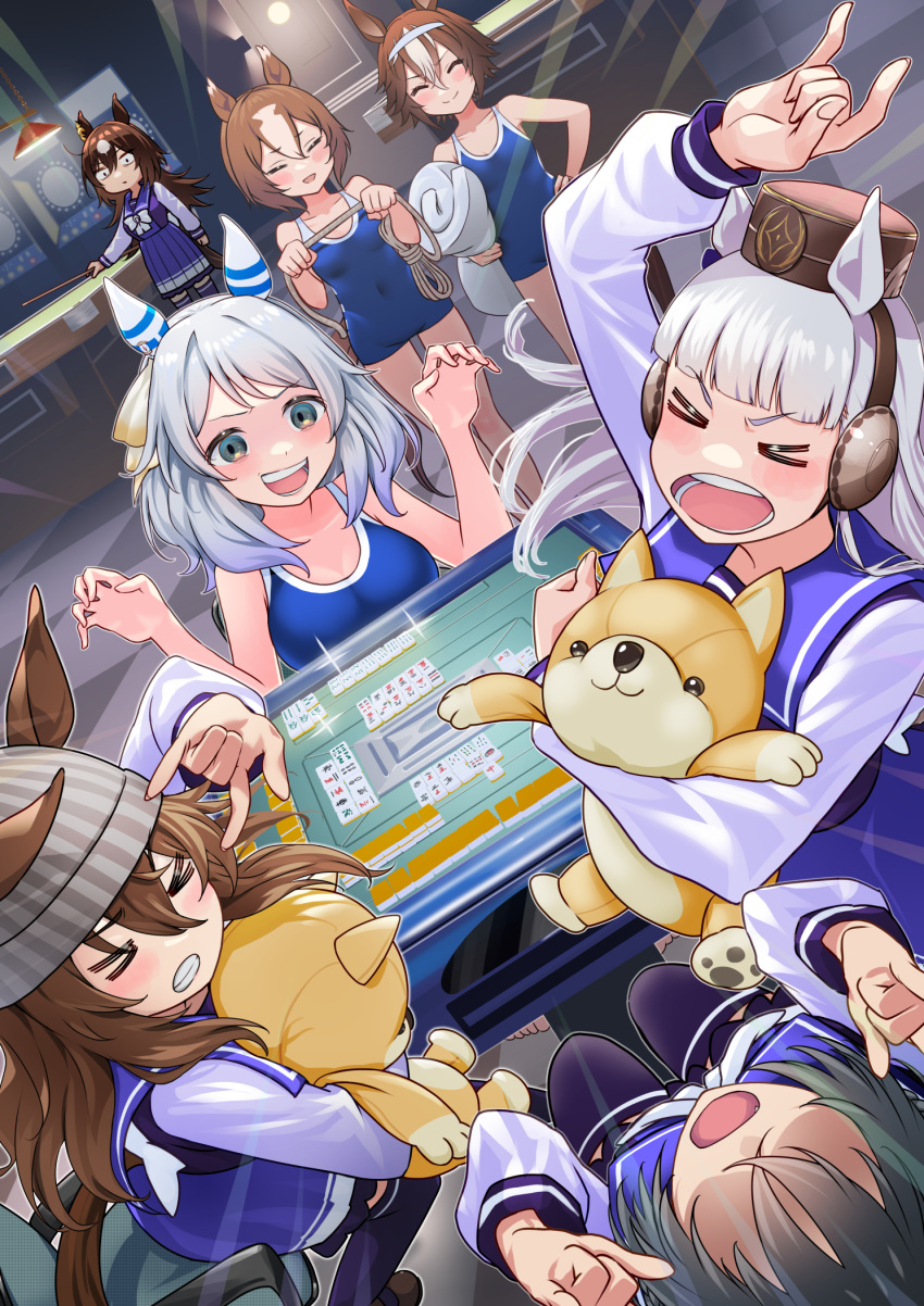 &gt;_&lt; 6+girls alternate_costume arms_at_sides bamboo_memory_(umamusume) beanie breasts closed_eyes collarbone commentary_request false_smile gold_ship_(umamusume) green_eyes grey_hair hat highres hishi_miracle_(umamusume) horse_girl long_hair mahjong medium_breasts medium_hair multiple_girls nabe_puyo nakayama_festa_(umamusume) navel open_mouth rope school_swimsuit school_uniform sirius_symboli_(umamusume) sitting smile stuffed_animal stuffed_toy surprised swimsuit tracen_school_uniform umamusume yaeno_muteki_(umamusume)