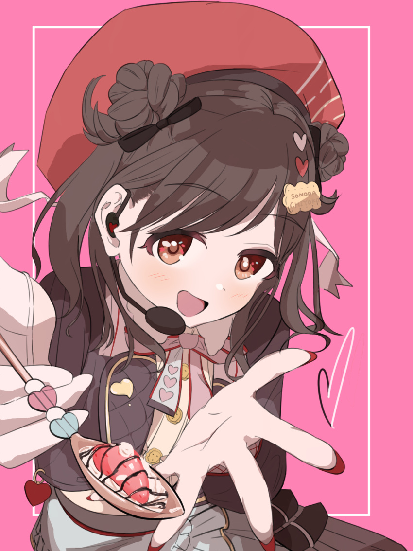 1girl artist_request beret brown_eyes brown_hair double_bun feeding hair_bun hat headset highres idolmaster idolmaster_shiny_colors long_hair looking_at_viewer microphone neck_ribbon open_mouth pink_background reaching reaching_towards_viewer red_headwear red_nails ribbon solo sonoda_chiyoko spoon swept_bangs twintails