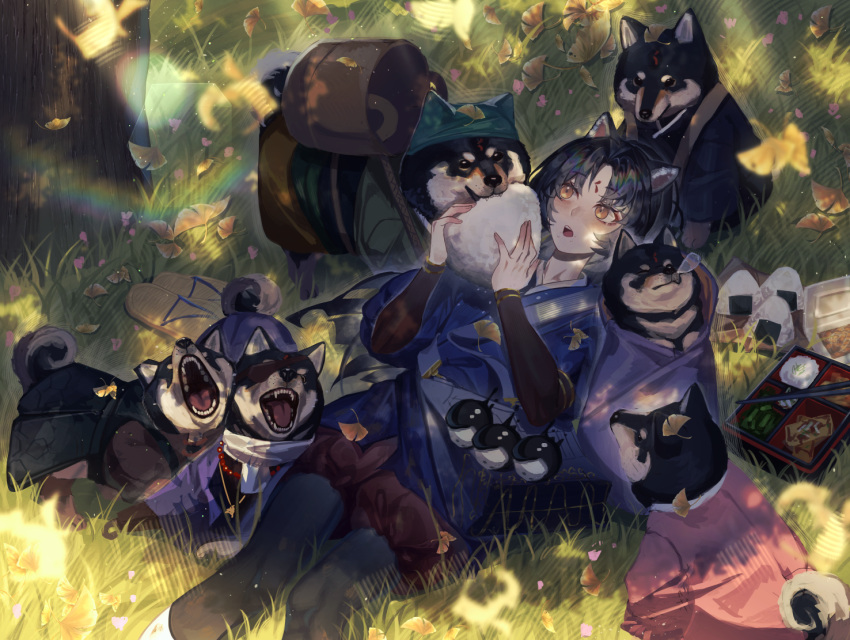 1girl animal animal_ears arknights autumn_leaves bento black_hair black_pants blue_kimono blush chopsticks clothed_animal day dog dog_ears facial_mark feet_out_of_frame food forehead_mark ginkgo_leaf holding holding_food japanese_clothes kikan_(kikanoe) kimono leaf long_hair long_sleeves lying official_alternate_costume on_back on_grass on_ground onigiri open_mouth pants parted_bangs saga_(arknights) saga_(there_they_be)_(arknights) sandals sandals_removed sharp_teeth shiba_inu solo sunlight teeth