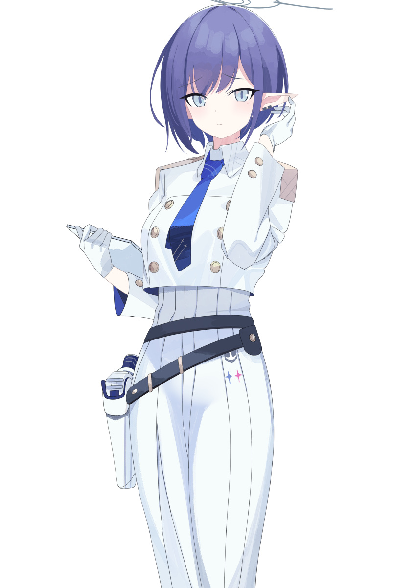 1girl absurdres aoi_(blue_archive) belt blue_archive blue_hair blue_necktie breasts cropped_shirt earclip gloves halo highres holding holding_notepad holster long_sleeves looking_at_viewer loose_belt medium_breasts mole mole_under_eye necktie notepad pleated_skirt pointy_ears shirt short_hair simple_background skirt solo tnr_(horiko1525) white_background white_gloves white_shirt white_skirt