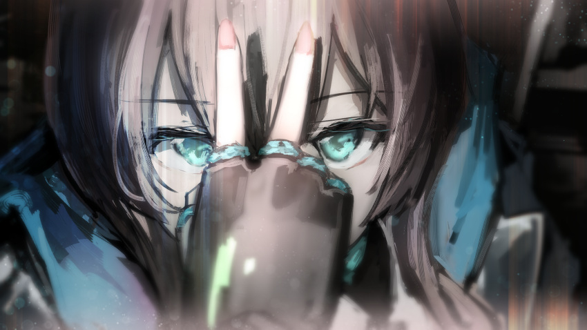1girl amiya_(arknights) aqua_eyes arknights black_jacket blue_jacket blurry blurry_background brown_hair close-up commentary_request covered_mouth depth_of_field fingerless_gloves gloves hand_over_face hand_up highres jacket jewelry light_particles long_hair looking_at_viewer multiple_rings pan_(ryu) pink_nails portrait reference_request ring shadow solo straight-on v