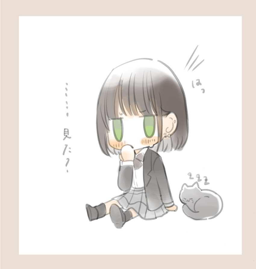 1girl :3 ankle_socks black_cat black_footwear black_hair black_jacket black_socks blazer blunt_bangs blunt_ends blush blush_stickers bob_cut border bow bowtie cat chibi closed_eyes collared_shirt commentary_request ear_ornament earrings furrowed_brow green_eyes grey_skirt hand_to_own_mouth highres jacket jewelry jitome long_sleeves looking_at_viewer no_mouth no_nose notice_lines open_clothes open_jacket original pink_border pleated_skirt red_bow red_bowtie shirt simple_background sitting skirt sleeping socks solid_oval_eyes stud_earrings sweatdrop tasuku_(otomebotan) translation_request whiskers white_background zzz