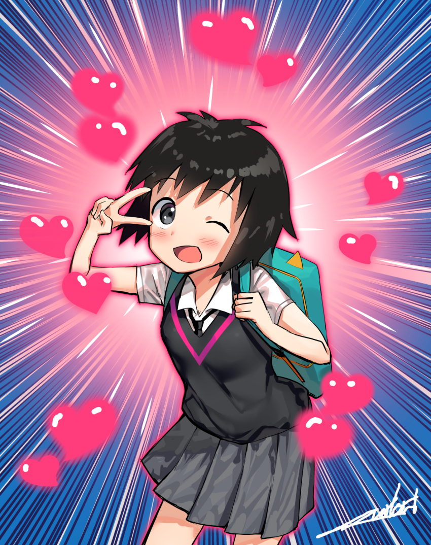 1girl :d aqua_bag artist_name backpack bag black_hair black_necktie black_sweater_vest blue_background blush breasts commentary cowboy_shot gradient_background grey_skirt heart highres holding_strap leaning_forward looking_at_viewer marvel necktie notice_lines one_eye_closed open_mouth overlord_(overlord80000) peni_parker pink_background pleated_skirt raised_eyebrows school_uniform shirt short_hair short_sleeves signature skirt small_breasts smile solo spider-man:_into_the_spider-verse spider-man_(series) sweater_vest v v_over_eye very_short_hair white_shirt