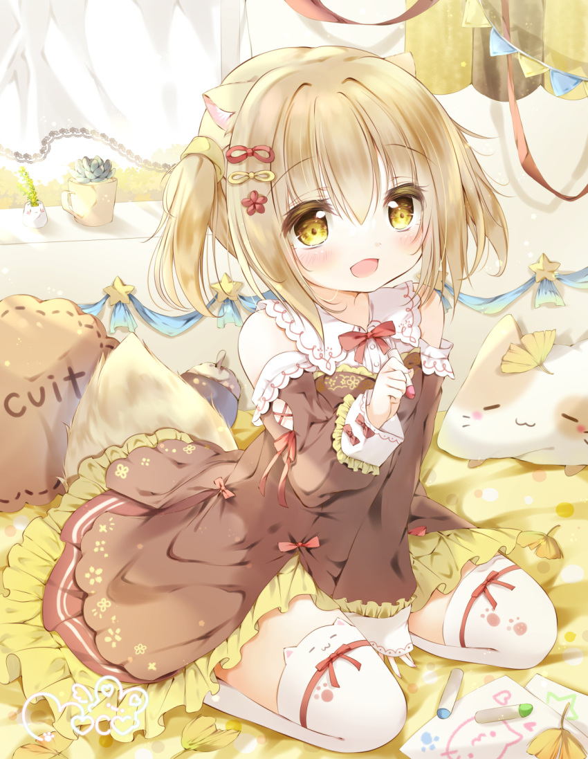 1girl animal_ears animal_hands bed bed_sheet blonde_hair blush bow bowtie cat_paws cup fox_tail highres moco_ofuton original pillow red_bow red_bowtie red_ribbon ribbon smile star_(symbol) tail thigh-highs twintails uwu white_thighhighs yellow_eyes