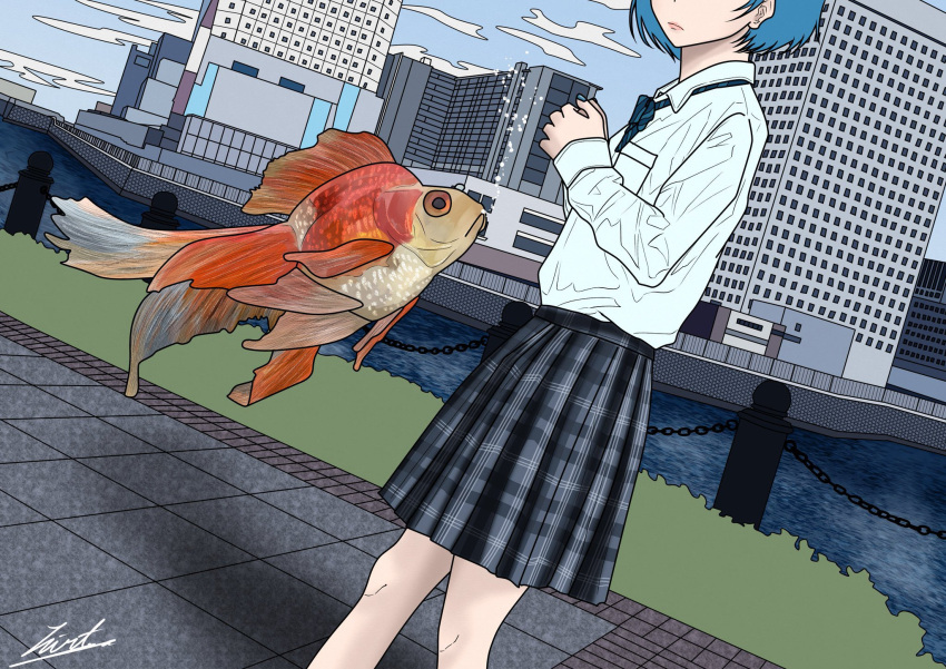 1girl animal blue_bow blue_bowtie blue_hair blue_nails bow bowtie chain-link_fence city cityscape clouds cloudy_sky dutch_angle feet_out_of_frame fence fish floating goldfish grass highres hirt_5 original outdoors plaid plaid_skirt pleated_skirt shirt short_hair signature skirt sky solo water white_shirt