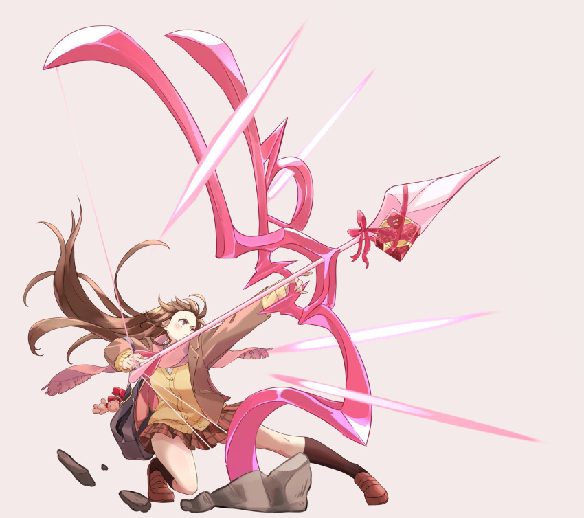 1girl arm_up arrow_(projectile) blush bow_(weapon) box brown_eyes brown_hair brown_jacket brown_socks closed_mouth english_text firing gift gift_box heart highres holding holding_bow_(weapon) holding_weapon huge_weapon jacket long_hair long_sleeves miniskirt one_eye_closed original pink_scarf plaid plaid_skirt red_ribbon ribbon scarf school_uniform simple_background skirt socks sweater v-shaped_eyebrows valentine weapon yau5531 yellow_sweater
