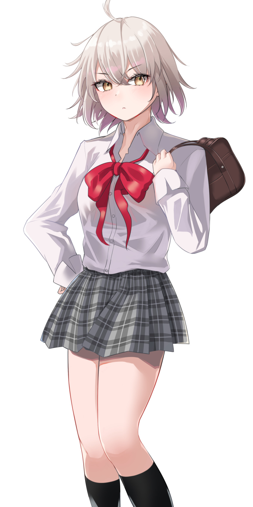 1girl absurdres ahoge alternate_costume black_socks bow bowtie breasts collared_shirt fate/grand_order fate_(series) grey_skirt highres jeanne_d'arc_alter_(fate) large_breasts long_sleeves miniskirt nigori_(keydoor) plaid plaid_skirt pleated_skirt red_bow red_bowtie school_uniform shirt short_hair simple_background skirt socks solo standing white_background white_hair white_shirt yellow_eyes