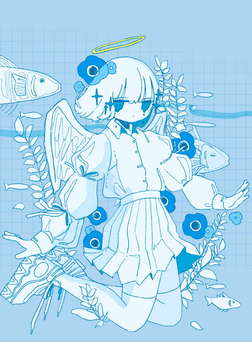 1girl anemone_(flower) blue_eyes bob_cut collared_shirt dot_mouth feathered_wings fish flower full_body halo high-waist_skirt highres jitome kneeling long_bangs long_sleeves looking_at_viewer no_pupils open_hands original plant pleated_skirt shirt shirt_tucked_in shoes short_hair sidelocks skirt sneakers solo sskitaco thigh-highs tile_wall tiles white_footwear white_shirt white_skirt white_theme white_thighhighs white_wings wings