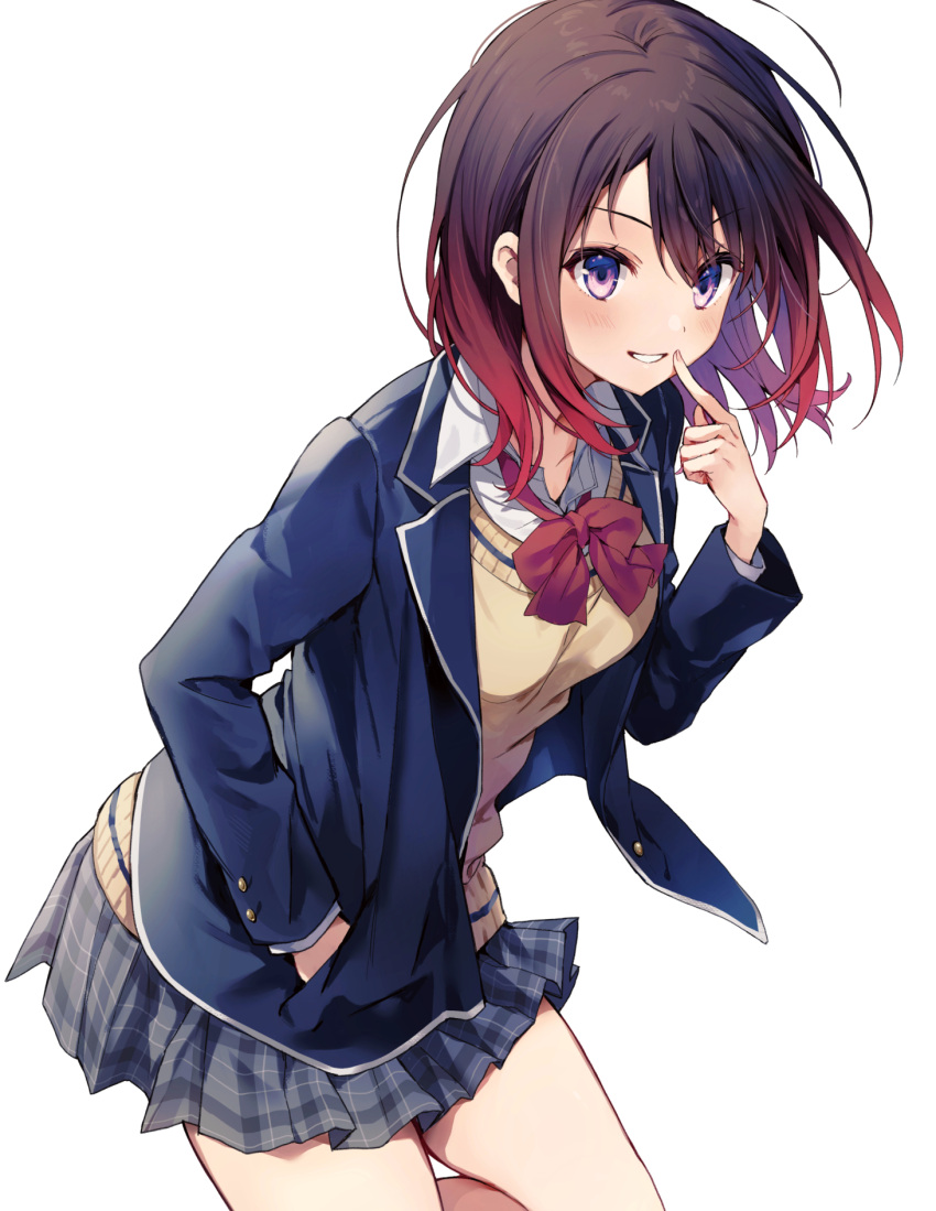 1girl bcoca blue_jacket blush bow bowtie brown_hair collared_shirt finger_to_mouth floating_hair gradient_hair grey_skirt grin hair_between_eyes hand_in_pocket highres index_finger_raised jacket leaning_forward leg_up long_hair long_sleeves miniskirt multicolored_hair open_clothes open_jacket original plaid plaid_skirt pleated_skirt red_bow red_bowtie redhead school_uniform shirt simple_background skirt smile solo standing sweater violet_eyes white_background white_shirt wing_collar yellow_sweater