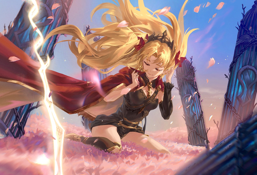 1girl absurdres asymmetrical_legwear asymmetrical_sleeves black_leotard black_nails black_thighhighs blonde_hair cape chiaspicy closed_mouth commentary_request earrings ereshkigal_(fate) fate/grand_order fate_(series) floating_hair gold_trim hair_ribbon half-closed_eyes highres jewelry leotard mixed-language_commentary parted_bangs petals red_cape red_ribbon ribbon seiza single_sleeve single_thighhigh sitting solo spine thigh-highs tiara two-tone_cape two_side_up yellow_cape