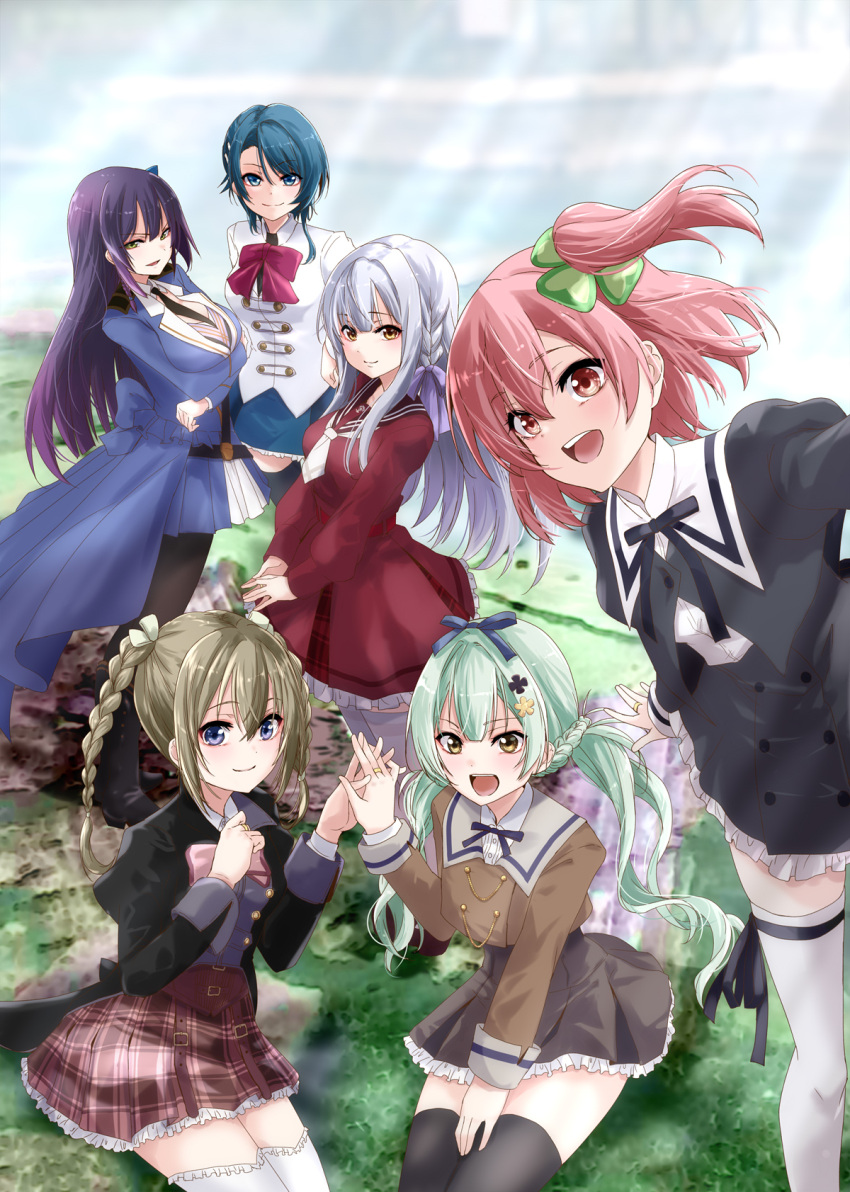 6+girls :d aizawa_kazuha arm_at_side arms_under_breasts assault_lily asymmetrical_hair belt belt_buckle black_belt black_footwear black_jacket black_necktie black_pantyhose black_ribbon black_skirt black_thighhighs blue_eyes blue_hair blue_jacket blue_ribbon blue_skirt blue_sky blunt_bangs blush boots bow bowtie braid breasts brown_belt brown_jacket brown_sailor_collar brown_skirt buckle closed_mouth clover collared_shirt commentary_request corset cropped_jacket day flower four-leaf_clover frilled_thighhighs frills funada_kiito green_eyes green_hair grey_hair hair_between_eyes hair_flower hair_ornament hair_ribbon hairclip hand_on_lap hands_up herensuge_girls_academy_school_uniform high-waist_skirt highres hitotsuyanagi_riri holding_hands interlocked_fingers jacket jewelry juliet_sleeves kanba_girls_high_school_uniform kishimoto_lucia_raimu kon_kanaho large_breasts leaning_to_the_side leg_ribbon long_hair long_sleeves looking_ahead looking_at_viewer low_twintails medium_breasts miniskirt multiple_girls neck_ribbon necktie on_ground one_side_up open_mouth outdoors outstretched_arm pantyhose parted_lips pink_eyes pink_hair pleated_skirt puffy_sleeves purple_hair purple_ribbon reaching reaching_towards_viewer red_bow red_bowtie red_skirt ribbon ring sailor_collar school_uniform serafuku shirt short_hair short_necktie side_braid sidelocks single_braid sitting skirt sky smile solo sunlight thigh-highs thigh_ribbon twin_braids twintails ueda_imari urutsu_sahari v-shaped_eyebrows v_arms very_long_hair waist_cape white_jacket white_necktie white_ribbon white_thighhighs yellow_eyes yellow_flower yurigaoka_girls_academy_school_uniform zettai_ryouiki