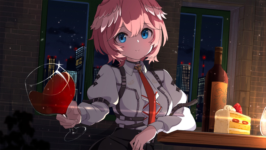 1girl alcohol ame. black_skirt blue_eyes bottle breasts brick_wall building cake cake_slice closed_mouth clouds collared_shirt commentary_request cup drinking_glass feathered_wings food fruit head_wings highres holding holding_cup hololive indoors long_sleeves looking_at_viewer medium_breasts night night_sky pink_hair pink_wings puffy_long_sleeves puffy_sleeves revision shirt skirt sky smile solo strawberry table takane_lui virtual_youtuber white_shirt white_wings window wine wine_bottle wine_glass wings