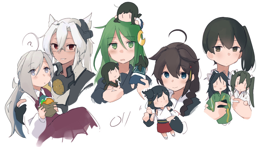 5girls absurdres ahoge black_gloves blue_eyes braid brown_eyes brown_hair character_doll collared_shirt crescent crescent_hair_ornament doll dress food fubuki_(kancolle) gloves green_eyes grey_eyes grey_hair hair_flaps hair_ornament highres holding holding_doll holding_food kaga_(kancolle) kantai_collection katsuragi_(kancolle) kiyoshimo_(kancolle) long_hair ma_rukan multiple_girls musashi_(kancolle) nagatsuki_(kancolle) pointy_hair purple_dress red_eyes shigure_(kancolle) shigure_kai_ni_(kancolle) shirt side_ponytail signature simple_background single_braid white_background white_shirt yamashiro_(kancolle) zuikaku_(kancolle)