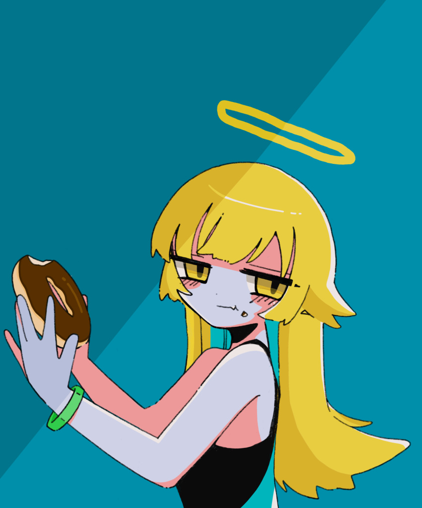 1girl bakemonogatari bare_shoulders black_tank_top blonde_hair blue_background blush_stickers bracelet chewing chromatic_aberration closed_mouth crumbs doughnut food from_side halo head_tilt highres holding holding_food jewelry long_bangs long_hair looking_at_viewer monogatari_(series) oshino_shinobu own_hands_together shadow sidelocks simple_background solo sskitaco tank_top yellow_eyes yellow_halo