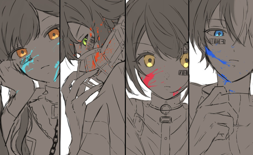 2boys 2girls 555_kko adjusting_clothes aoyagi_touya azusawa_kohane barcode blue_eyes closed_mouth commentary_request earrings facepaint green_eyes hand_on_own_face highres jewelry looking_at_viewer multicolored_hair multiple_boys multiple_girls muzzle orange_eyes project_sekai shinonome_akito shiraishi_an short_hair sideways_glance split-color_hair stud_earrings two-tone_hair upper_body vivid_bad_squad_(project_sekai) yellow_eyes