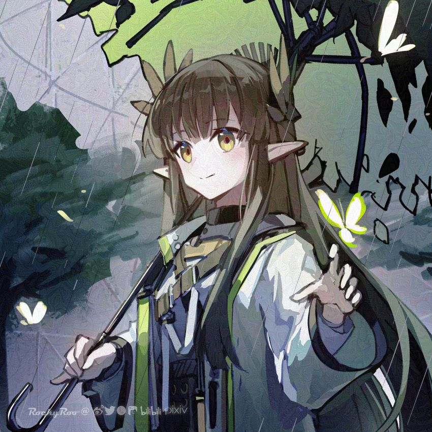 1girl arknights black_skirt brown_eyes brown_hair bug butterfly closed_mouth green_umbrella high-waist_skirt highres holding holding_umbrella jacket long_hair long_sleeves looking_at_viewer muelsyse_(arknights) open_clothes open_jacket pointy_ears rockyroo shirt skirt smile solo tree umbrella upper_body very_long_hair white_jacket white_shirt