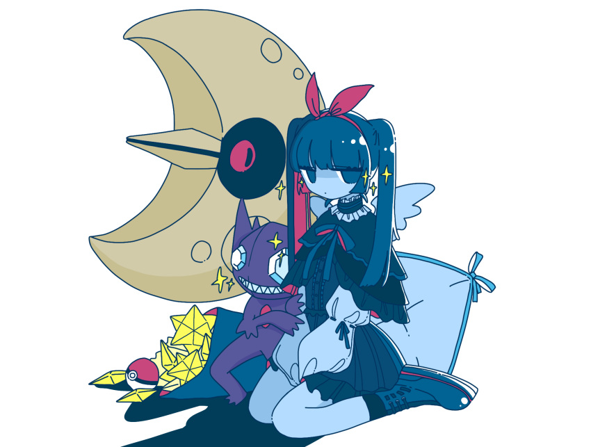 1girl arms_between_legs black_capelet black_shirt blue_eyes blue_hair blue_ribbon blunt_bangs bow capelet center_frills colored_inner_hair dot_mouth frilled_shirt frills full_body hair_bow hairband highres jitome layered_clothes long_hair long_sleeves looking_at_viewer lunatone multicolored_hair neck_ribbon no_pupils original pillow pokemon pokemon_(creature) red_bow red_hairband redhead ribbon sableye shadow shirt sidelocks simple_background sitting sparkle sskitaco twintails wariza white_background