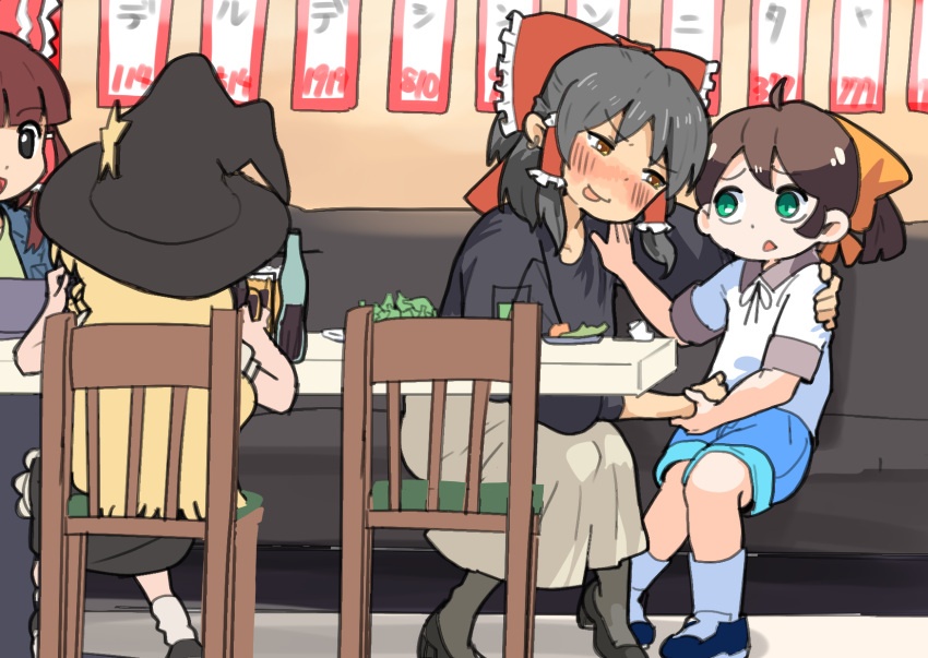 114514 1boy 3girls black_hair black_ribbon black_shirt blonde_hair blue_footwear blue_shorts blunt_bangs blush booth_seating bow brown_hair chair commentary_request cookie_(touhou) drink drunk frilled_bow frilled_hair_tubes frills full_body green_eyes grey_skirt hair_bow hair_ornament hair_tubes hakurei_reimu hand_on_another's_shoulder highres indoors kirisame_marisa leftame long_hair long_sleeves looking_at_another multiple_girls neck_ribbon nose_blush open_mouth red_bow ribbon rurima_(cookie) sananana_(cookie) shirt short_hair short_sleeves shorts sidelocks sitting skirt smile sn_(zigzagspark6)_(character) socks star_(symbol) star_hair_ornament suzu_(cookie) table touhou triangle_mouth white_shirt white_socks