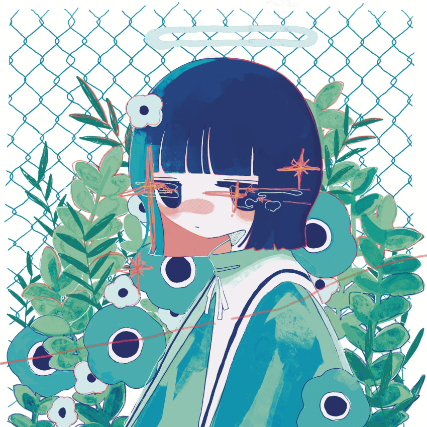 1girl anemone_(flower) arm_at_side black_eyes black_hair blush bob_cut chain-link_fence closed_mouth colored_inner_hair fence fern flower from_side green_flower green_shirt halo highres jitome long_bangs long_sleeves looking_at_viewer multicolored_hair neck_ribbon no_pupils original plant redhead ribbon sailor_collar shirt short_hair solo sparkle sskitaco upper_body white_ribbon white_sailor_collar