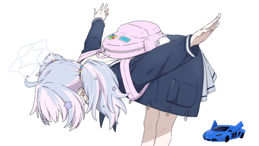 1girl ahoge backpack bag bare_legs blue_archive blue_hair blue_jacket bowing brilliantko car commentary_request grey_skirt hair_ornament hair_scrunchie halo highres jacket long_sleeves motor_vehicle multicolored_hair pink_bag pink_hair pleated_skirt reisa_(blue_archive) scrunchie short_hair short_twintails simple_background skirt solo standing star_(symbol) star_hair_ornament streaked_hair twintails two-tone_hair vehicle_request white_background