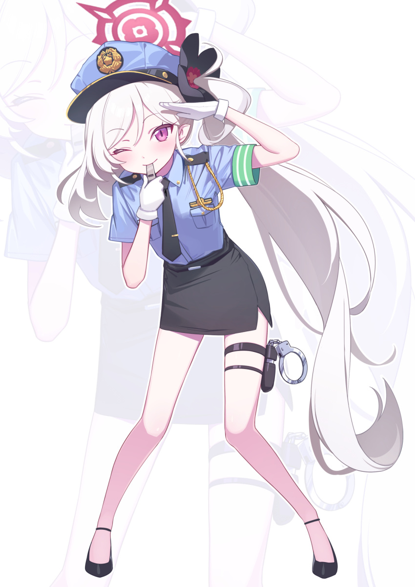 1girl black_flower blowing_whistle blue_archive blush cuffs deadnooodles flower gloves hair_flower hair_ornament halo handcuffs hat highres long_hair looking_at_viewer mutsuki_(blue_archive) one_eye_closed pencil_skirt pointy_ears police police_badge police_hat police_uniform policewoman salute shirt side_ponytail skirt smile solo uniform violet_eyes whistle white_hair