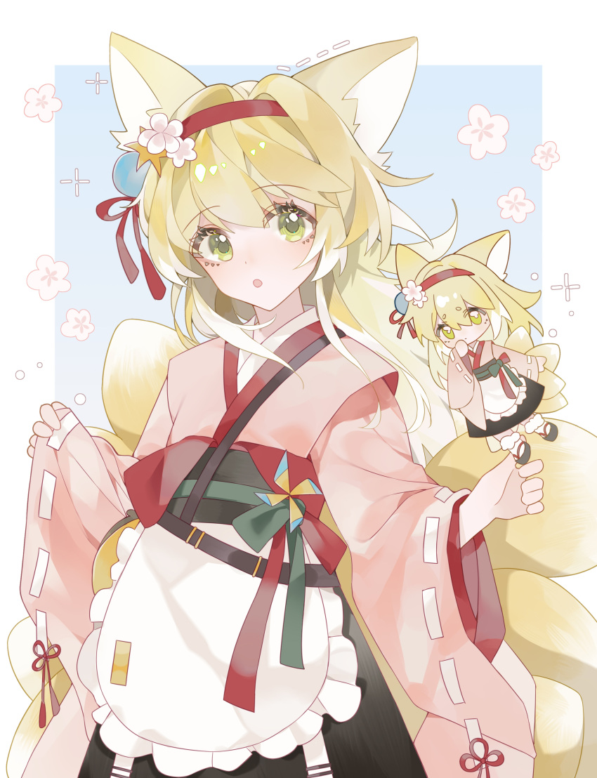 1girl 4965681105 absurdres animal_ears apron arknights black_footwear black_skirt blonde_hair blue_background blush chibi chibi_inset commentary_request dotted_line floral_background fox_ears fox_girl fox_tail frilled_apron frills green_eyes hairband highres japanese_clothes kimono kitsune long_hair long_sleeves multiple_views pinching_sleeves pink_kimono red_hairband ribbon-trimmed_sleeves ribbon_trim skirt sleeves_past_wrists socks suzuran_(arknights) suzuran_(yukibare)_(arknights) tail two-tone_background very_long_hair waist_apron white_apron white_background white_socks zouri