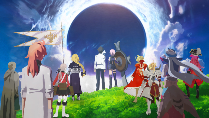 4boys 6+girls bald black_hair blonde_hair clouds day emiyadam fate/grand_order fate/stay_night fate_(series) florence_nightingale_(fate) fou_(fate) francis_drake_(fate) from_behind fujimaru_ritsuka_(male) gilgamesh_(caster)_(fate) gilgamesh_(fate) grass highres jeanne_d'arc_(fate) mash_kyrielight mordred_(fate) multiple_boys multiple_girls nero_claudius_(fate) non-web_source orange_hair outdoors pink_hair purple_hair romani_archaman self-upload sky solomon_(fate)