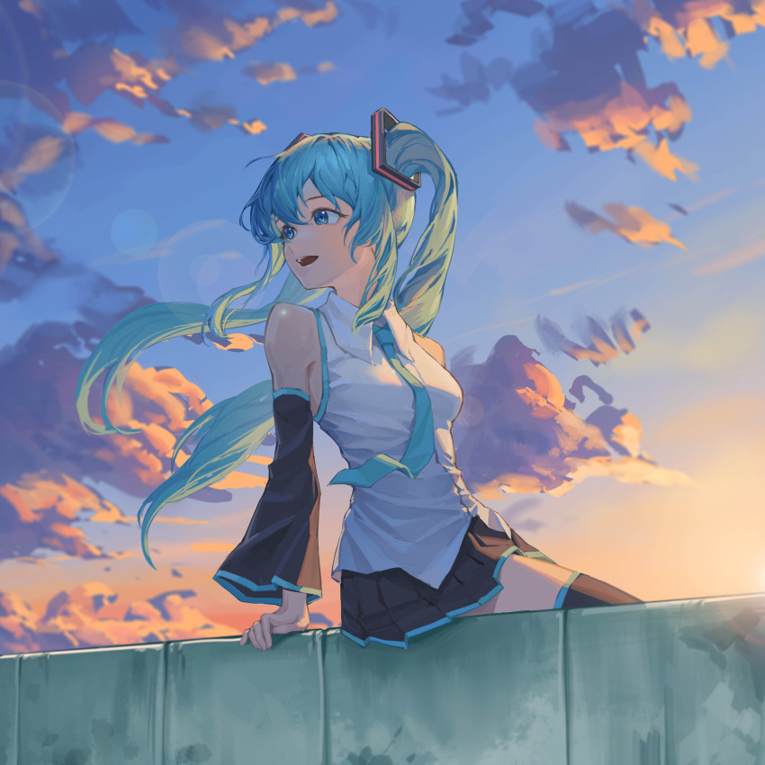1girl :d absurdres aqua_hair aqua_necktie arm_support bingdongluofeiyu black_skirt black_sleeves black_thighhighs blue_eyes breasts clouds collared_shirt day detached_sleeves dress_shirt floating_hair from_side hair_between_eyes hatsune_miku highres lens_flare long_hair long_sleeves looking_back miniskirt necktie open_mouth outdoors pleated_skirt shirt sitting skirt sleeveless sleeveless_shirt small_breasts smile solo thigh-highs twintails very_long_hair vocaloid white_shirt wing_collar zettai_ryouiki