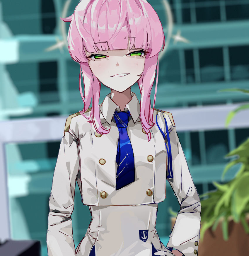 1girl absurdres blue_archive blue_necktie collared_shirt gloves green_eyes grin halo hand_on_own_hip highres kaya_(blue_archive) looking_at_viewer necktie pink_hair shirt skirt smile solo sstthei white_gloves white_shirt white_skirt