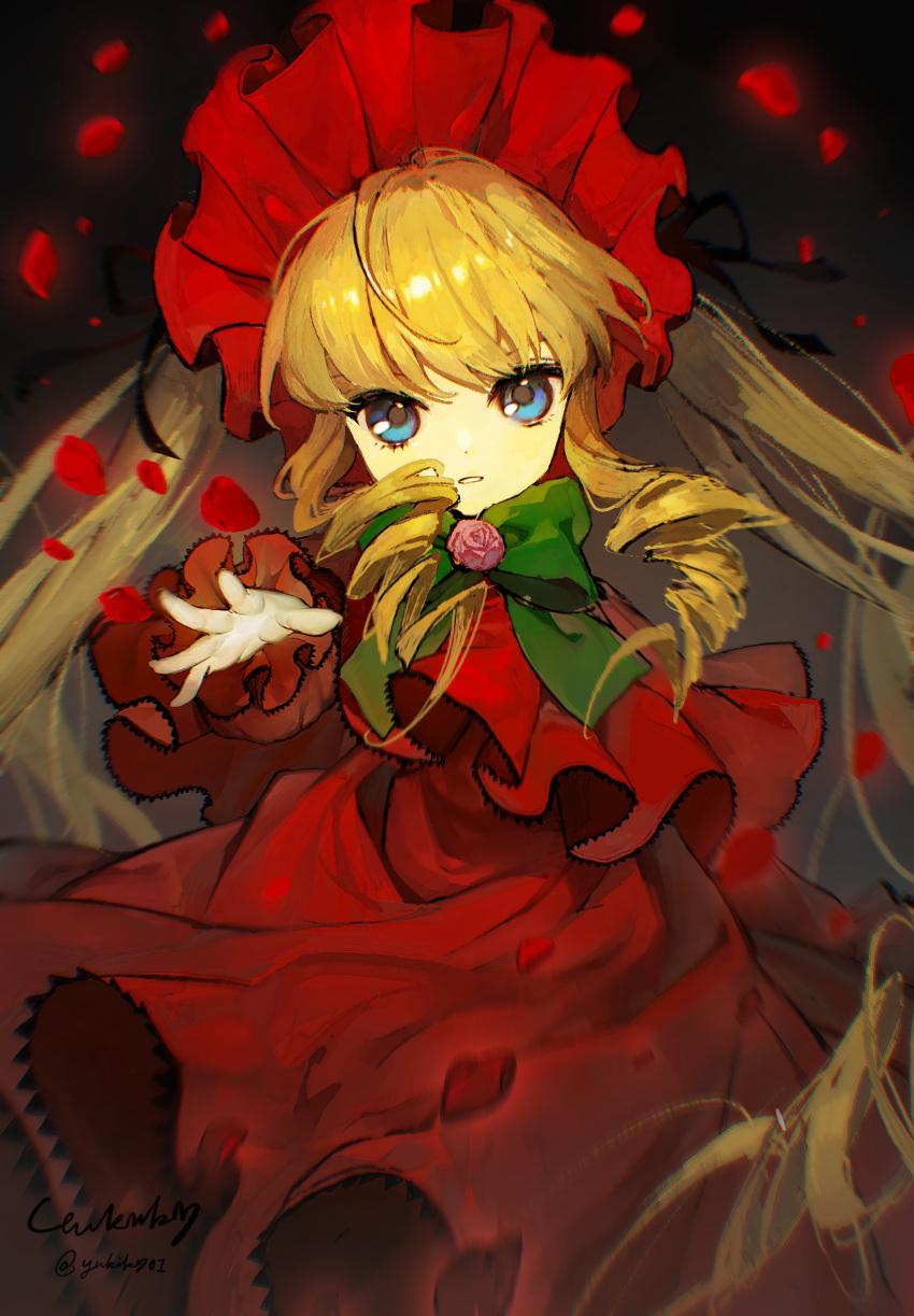 1girl blonde_hair blue_eyes bonnet bow bowtie capelet commentary_request cowboy_shot dress drill_hair drill_sidelocks flower flower_brooch frilled_capelet frilled_dress frilled_sleeves frills green_bow green_bowtie highres lolita_fashion long_dress long_hair long_sleeves looking_at_viewer medium_bangs parted_lips petals pink_flower pink_rose reaching reaching_towards_viewer red_capelet red_dress red_headwear rose rozen_maiden shinku sidelocks signature solo twintails very_long_hair yukikohuang