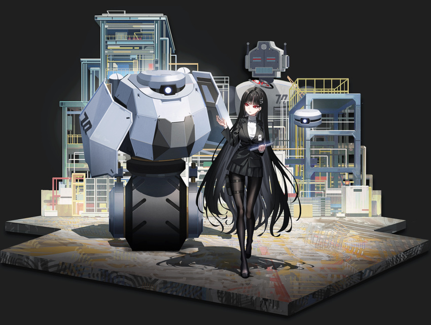1girl 3others avant_garde_(blue_archive) black_hair black_pantyhose black_skirt blue_archive blunt_bangs breasts construction_site drone hair_ornament hairclip halo holding holding_tablet_pc jacket large_breasts logo long_hair long_sleeves mecha millennium_science_school_logo miyoshi_nao_(miyoshist) multiple_others one-eyed pantyhose pleated_skirt red_eyes rio_(blue_archive) robot skirt sweater tablet_pc turtleneck turtleneck_sweater very_long_hair white_sweater