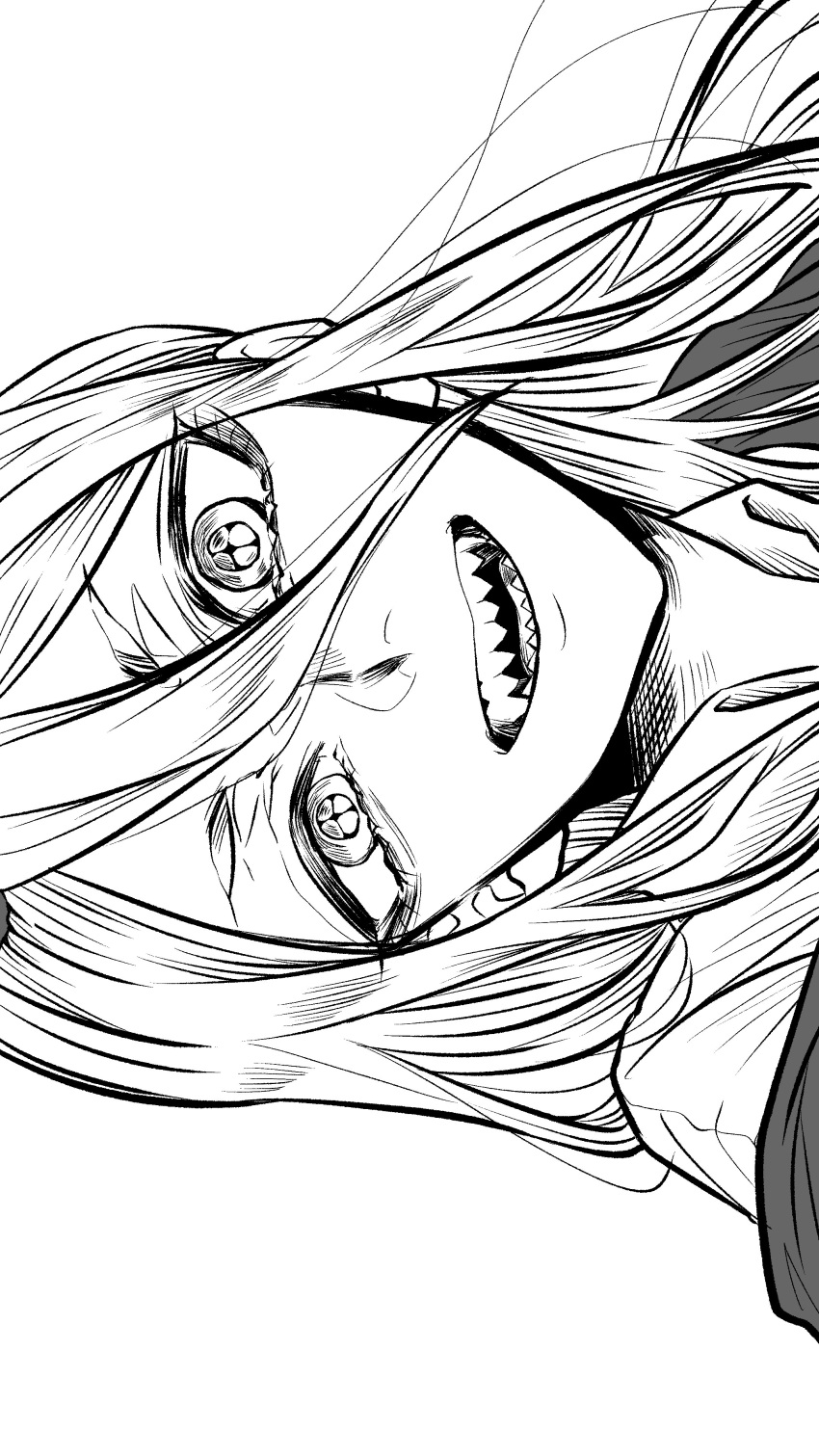 1girl absurdres chainsaw_man cross-shaped_pupils greyscale hair_between_eyes haru_rice highres lineart long_hair looking_at_viewer monochrome open_mouth power_(chainsaw_man) sharp_teeth sideways simple_background smile solo symbol-shaped_pupils teeth white_background