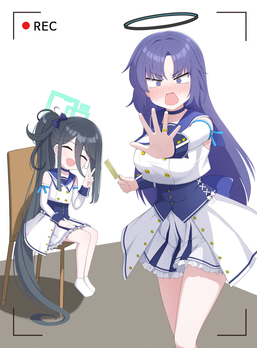 2girls absurdres aris_(blue_archive) black_hair blue_archive blue_hair blush breasts closed_eyes comb halo highres holding holding_comb idol_clothes littlefunny long_hair medium_breasts multiple_girls official_alternate_costume on_chair recording small_breasts v very_long_hair yuuka_(blue_archive)