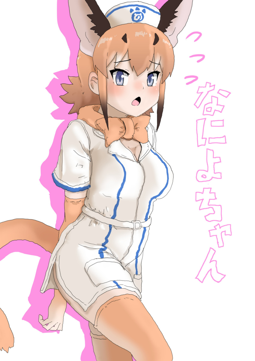 1girl absurdres belt black_hair blue_eyes blush caracal_(kemono_friends) caracal_ears cat_girl cat_tail cowboy_shot dress elbow_gloves extra_ears flying_sweatdrops gloves hat highres japari_symbol kemono_friends kemono_friends_festival kumasyan1998 looking_at_viewer multicolored_hair nurse nurse_cap official_alternate_costume open_mouth orange_gloves orange_hair orange_thighhighs pocket short_sleeves sidelocks simple_background solo tail thigh-highs translation_request white_background white_belt white_dress zettai_ryouiki