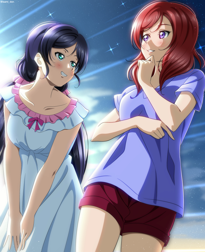 2girls absurdres aqua_eyes artist_name blue_dress blush breasts commentary_request cowboy_shot dress grin hair_ornament hair_scrunchie highres isami_don long_hair love_live! love_live!_school_idol_project low_twintails medium_breasts medium_hair multiple_girls nishikino_maki parted_lips pink_scrunchie purple_hair purple_shirt red_shorts redhead scrunchie shirt short_sleeves shorts sky smile star_(sky) starry_sky teeth toujou_nozomi twintails violet_eyes