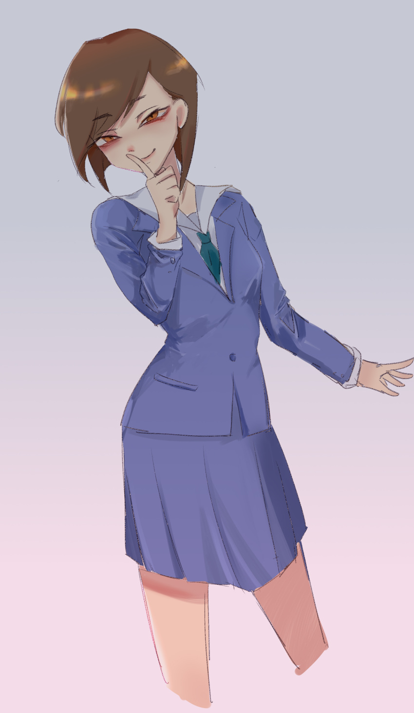 1girl absurdres aqua_necktie blazer blue_jacket blue_skirt bob_cut breasts brown_eyes brown_hair closed_mouth commentary cropped_legs eizouken_ni_wa_te_wo_dasu_na! eyeshadow finger_to_mouth gradient_background grey_background hand_to_own_mouth hands_up highres index_finger_raised jacket long_sleeves looking_at_viewer makeup mizusaki_tsubame narrowed_eyes naughty_face necktie outstretched_arm pink_background pleated_skirt raku_(874402932) red_eyeshadow sailor_collar school_uniform shirt short_hair shushing sketch skirt small_breasts smile solo swept_bangs thick_eyebrows white_sailor_collar white_shirt