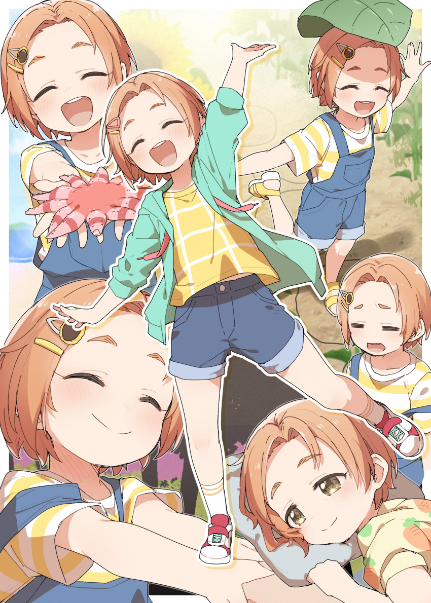 1girl absurdres animal arm_up blue_overalls blue_shorts blue_sky blush carrot_print closed_eyes commentary_request day denim denim_shorts drawstring female_child flower food_print green_jacket hair_flower hair_ornament hairclip hands_up highres holding holding_animal holding_hands idolmaster idolmaster_cinderella_girls idolmaster_cinderella_girls_u149 jacket leaf legs long_sleeves looking_at_another lying multiple_views ocean open_mouth orange_hair outdoors outstretched_arms overalls pajamas parted_bangs pillow red_footwear running ryuzaki_kaoru sandals shirt shoes short_hair short_sleeves shorts sky smile sneakers socks starfish striped striped_shirt sunflower sunflower_hair_ornament teeth thighs upper_teeth_only white_socks yellow_eyes yellow_pajamas yellow_shirt yukie_(kusaka_shi)