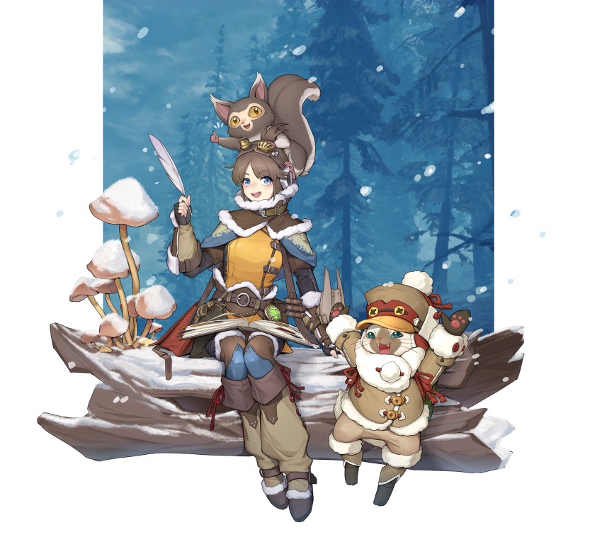 1girl belt black_gloves blue_eyes book boots brown_belt brown_hair catin creature_on_head earmuffs felyne fingerless_gloves forest gloves goggles goggles_on_head handler_(monster_hunter_world) highres holding holding_quill log monster_hunter:_world monster_hunter_(series) mushroom nature open_book open_mouth pawpads quill sitting snow teeth topknot upper_teeth_only whiskers winter_clothes