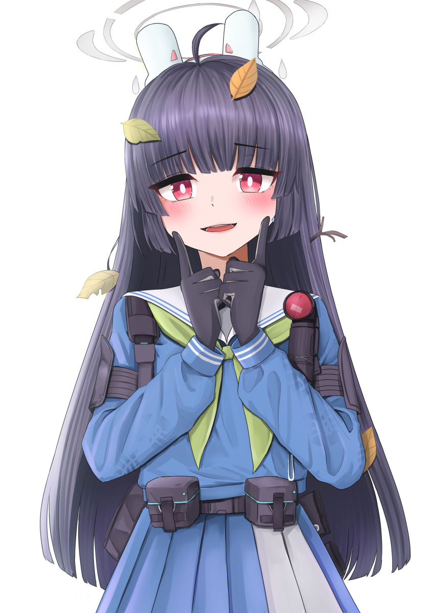 1girl :d absurdres animal_ears belt belt_pouch black_gloves black_hair blue_archive blunt_bangs commentary english_commentary fake_animal_ears fingers_to_cheeks gloves hairband halo highres hivern leaf leaf_on_head long_hair long_sleeves looking_at_viewer miyu_(blue_archive) pleated_skirt pouch rabbit_ears red_eyes school_uniform serafuku shoulder_strap sidelocks simple_background skirt smile solo white_background