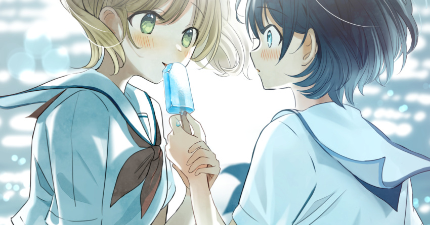 2girls :d :o bitten black_hair blonde_hair blue_eyes blue_neckerchief blurry blurry_background blush breasts couple floating_hair food from_side hand_up holding holding_another's_wrist holding_food holding_popsicle licking looking_at_another melting multiple_girls neckerchief open_mouth original outdoors popsicle popsicle_stick red_neckerchief sailor_collar school_uniform serafuku shirt short_hair short_sleeves small_breasts smile tasuku_(otomebotan) upper_body water white_sailor_collar white_serafuku white_shirt yellow_eyes yuri
