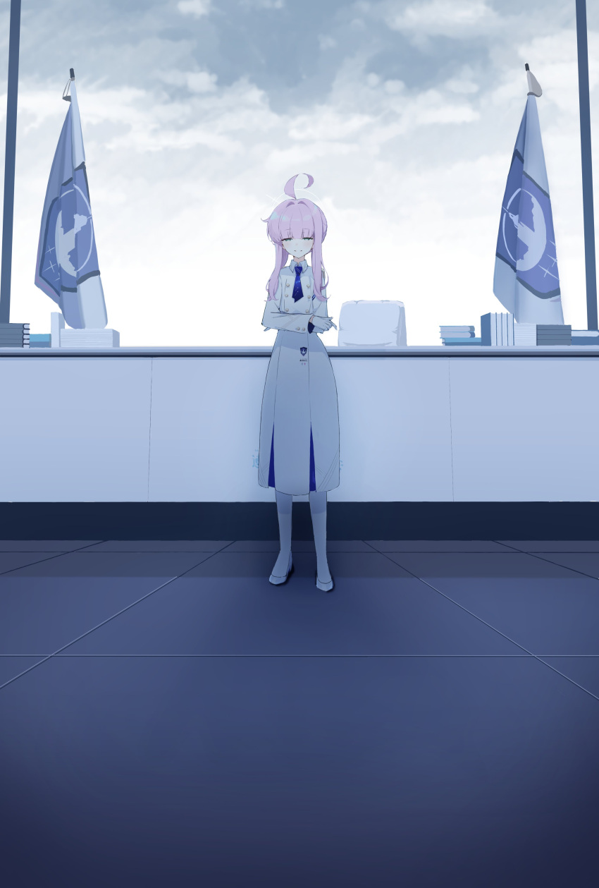 1girl absurdres ahoge arimas_ar1 blue_archive blue_necktie blunt_bangs book book_stack clouds cloudy_sky crossed_arms desk flag full_body gloves green_eyes halo highres indoors kaya_(blue_archive) long_hair long_sleeves looking_at_viewer necktie pantyhose pink_hair short_hair_with_long_locks skirt skirt_set sky smile solo standing white_footwear white_gloves white_pantyhose white_skirt