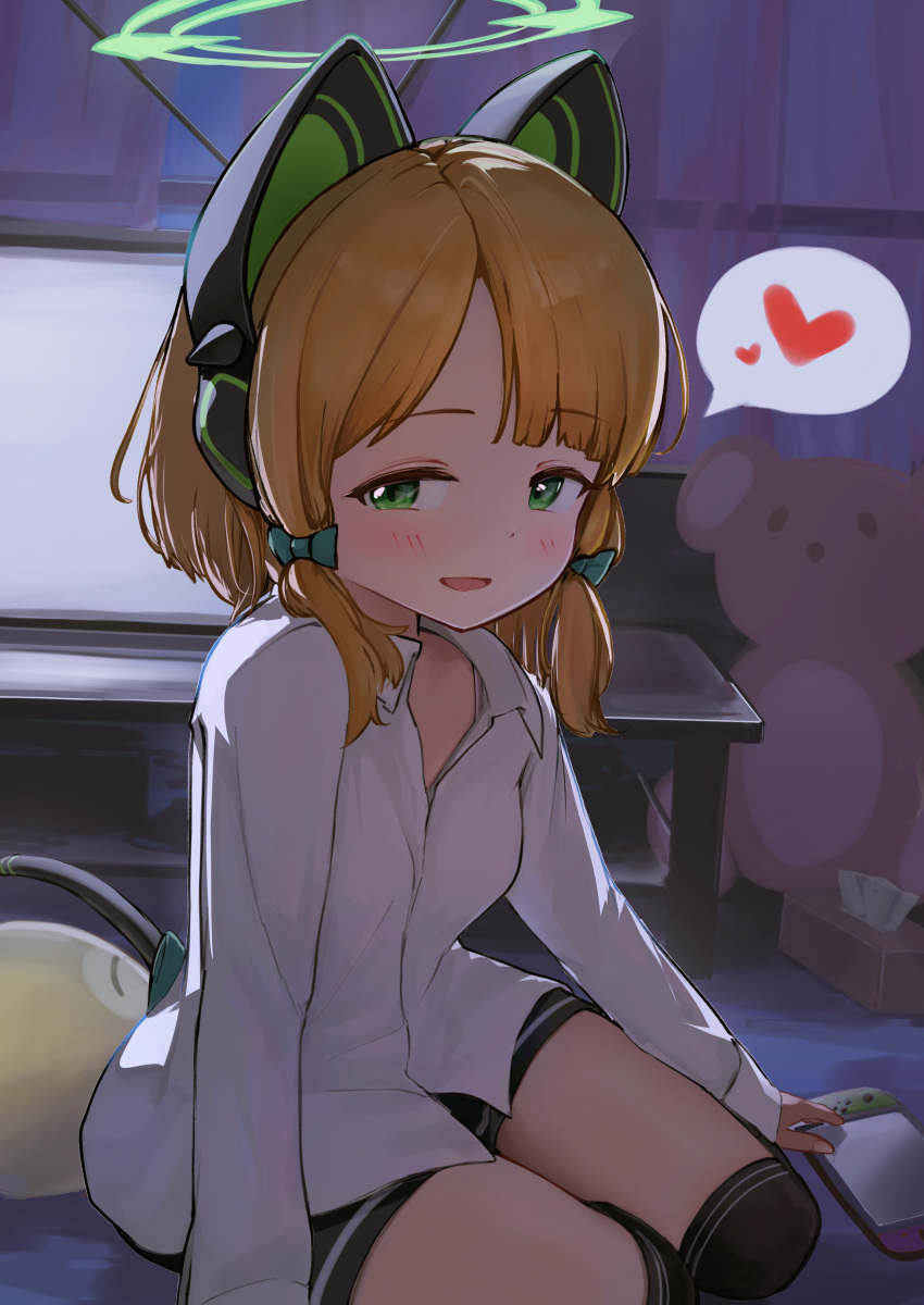 1girl absurdres animal_ear_headphones animal_ears black_shorts black_thighhighs blonde_hair blue_archive blush bow cat_ear_headphones cat_tail collared_shirt commentary fake_animal_ears fake_tail green_bow green_eyes green_halo hair_bow halo handheld_game_console headphones heart highres indoors long_sleeves low_tied_sidelocks midori_(blue_archive) nintendo_switch no_jacket over-kneehighs parted_bangs parted_lips ryh4 shirt short_shorts shorts solo speech_bubble spoken_heart stuffed_animal stuffed_toy tail thigh-highs tissue_box white_shirt